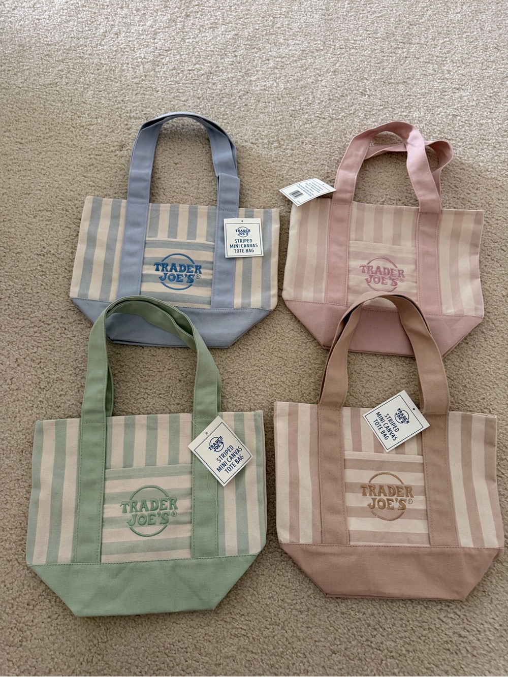 Trader Joe’s Striped Mini Canvas Tote Bags Set of 4 NWT Pastel 2026 Limited